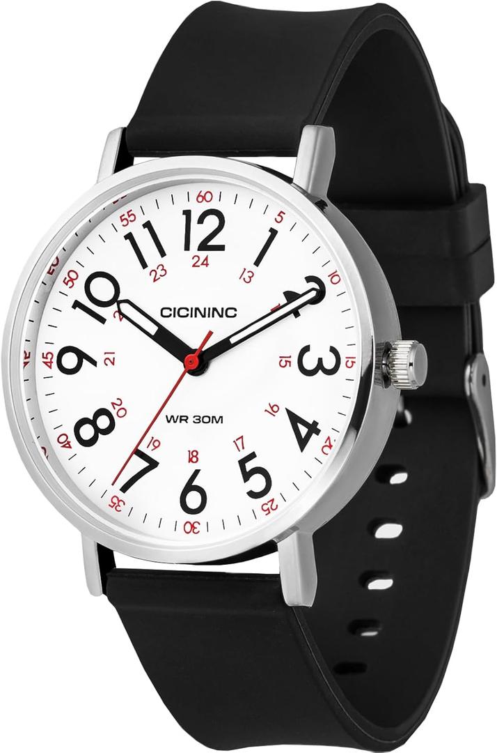 Watch with Second Hand Nursing for Women, Analog Watches for Nurses, 12/24 Hour Military Time, Easy Read Dial, Colorful Silicone Band