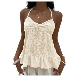 SOLY HUX Women's Floral Lace Halter Top Sleeveless Twist Flowy Camisole Vacation Coquette Clothes Plain Apricot Large