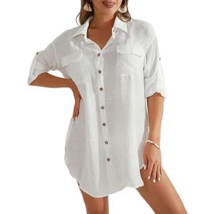 Bsubseach Women Button Down Rolled Cuffed Long Sleeve Shirt Side Slit Collared Blouses with Pockets Oversized Rayon Tops White XL