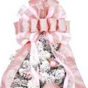 Christmas Tree Topper, 40x13 Inches Toppers Bow with Glitter Satin Mesh Streamer and Patterned Ribbon, Christmas Tree Topper Bow for Christmas Home Decoration (Rose Gold)