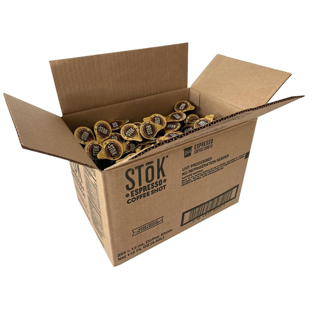 SToK Espresso Coffee Shots, Black, Unsweetened, Dark Roast Coffee, Ready to Drink, Use for Lattes, Americanos, 13 ML Pods, 264 Count (EXP 09/08/26)