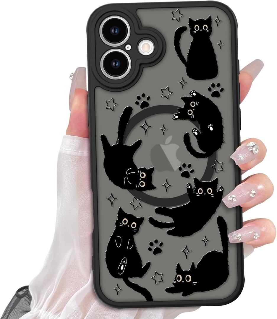 Cute Magnetic Case for iPhone 16 Case [ Compatible with MagSafe ] with Black Cat Cats Pattern Design for Women Girls Boys, Soft Bumper Hard Back Kawaii Animal Protective Phone Cover
