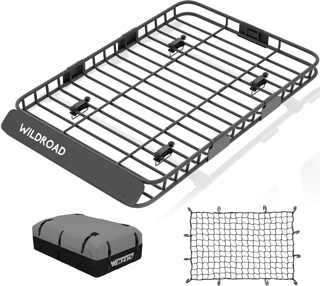 Wildroad Car Roof Cargo Carrier Combo of Upgraded 64"x 39"x 4" Roof Rack Cargo Basket with 21 Cubic ft Ultra Waterproof Anti-Tear Fabric Cargo Carrier Bag and Super Duty Bungee Cargo Net