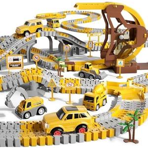 iHaHa 299 PCS Construction Race Tracks Boys Toys, 6 PCS Engineering Cars and Flexible Race Track Playset Create A Engineering Road Gifts Toys for 3 4 5 6 Year Old Boys Kids