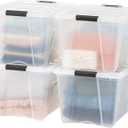 IRIS USA 54 Qt Stackable Plastic Storage Bins with Lids, 4 Pack - BPA-Free, Made in USA - See-Through Organizing Solution, Latches, Durable Nestable Containers, Secure Pull Handle - Clear (54 Qt. - 4 Pack)