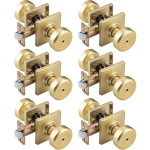 6 Pack Gold Interior Door Knobs for Bath & Bed, Pismo Doorknob Turn Lock with Square Rosette, Satin Brass Heavy Duty Door Knob with Lock