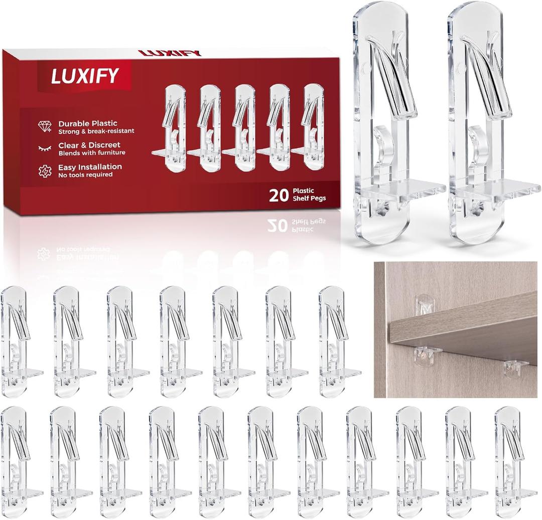 20 PCS Locking Shelf Pegs 5mm*3/ 4" Plastic Clear Shelf Pins & Pegs for Kitchen Cabinets, Bookcases, Wardrobe Transparent Plastic Shelf Support Pins, Compatible with All Standard 5mm Holes
