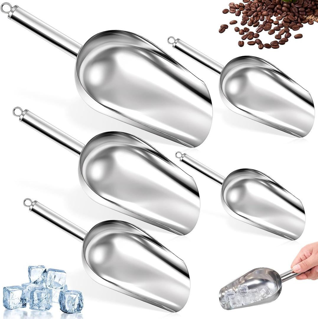 5 Pack 3/6/9/12/16 Ounce Stainless Steel Ice Scoop Set Metal Ice Scoop with Hanging Loop Kitchen Utility Scoops Set for Ices Cube/Coffee Bean/Popcorn/Dog Food