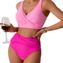 Ruched Swimsuit Criss Cross Bikini Set Womens 2 Piece High Waisted Bathing Suit Tummy Control Adjustable Wide Straps (Large, Rose)