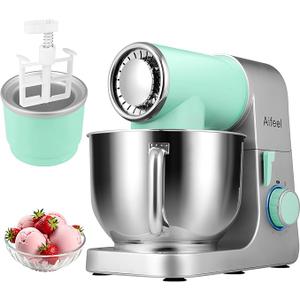 Aifeel Stand Mixer,6.5QT Kitchen Electric Mixer with 2QT Ice Cream Maker Bowl, 6 in 1 Multifunctional Bread Dough Mixer with Dough Hook,Whisk & Beater, Food Mixer for Baking (Green-Silver)