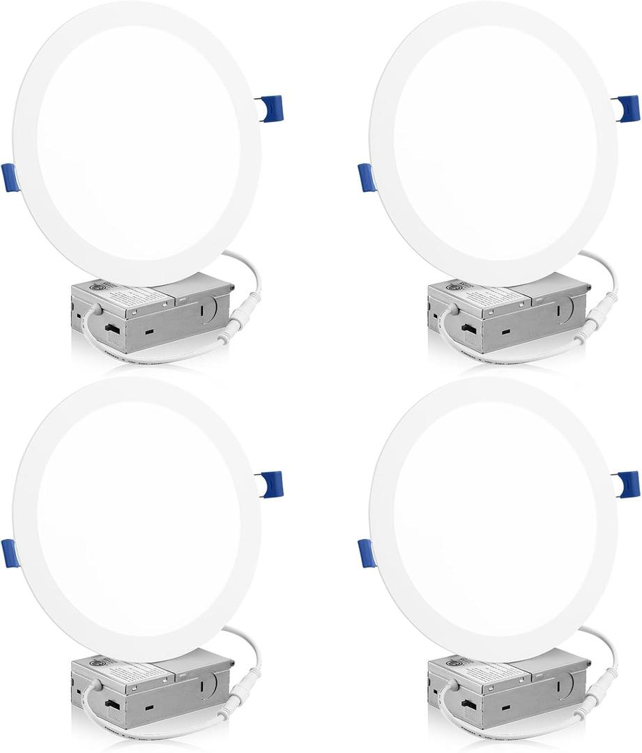 Meconard 4 Pack 8 Inch 5CCT LED Recessed Ceiling Light with Junction Box, 2700K/3000K/3500K/4000K/5000K Selectable Ultra-Thin Lighting, Dimmable 18W=125W, 1500LM, IC Rated Can-Killer Downlights, ETL