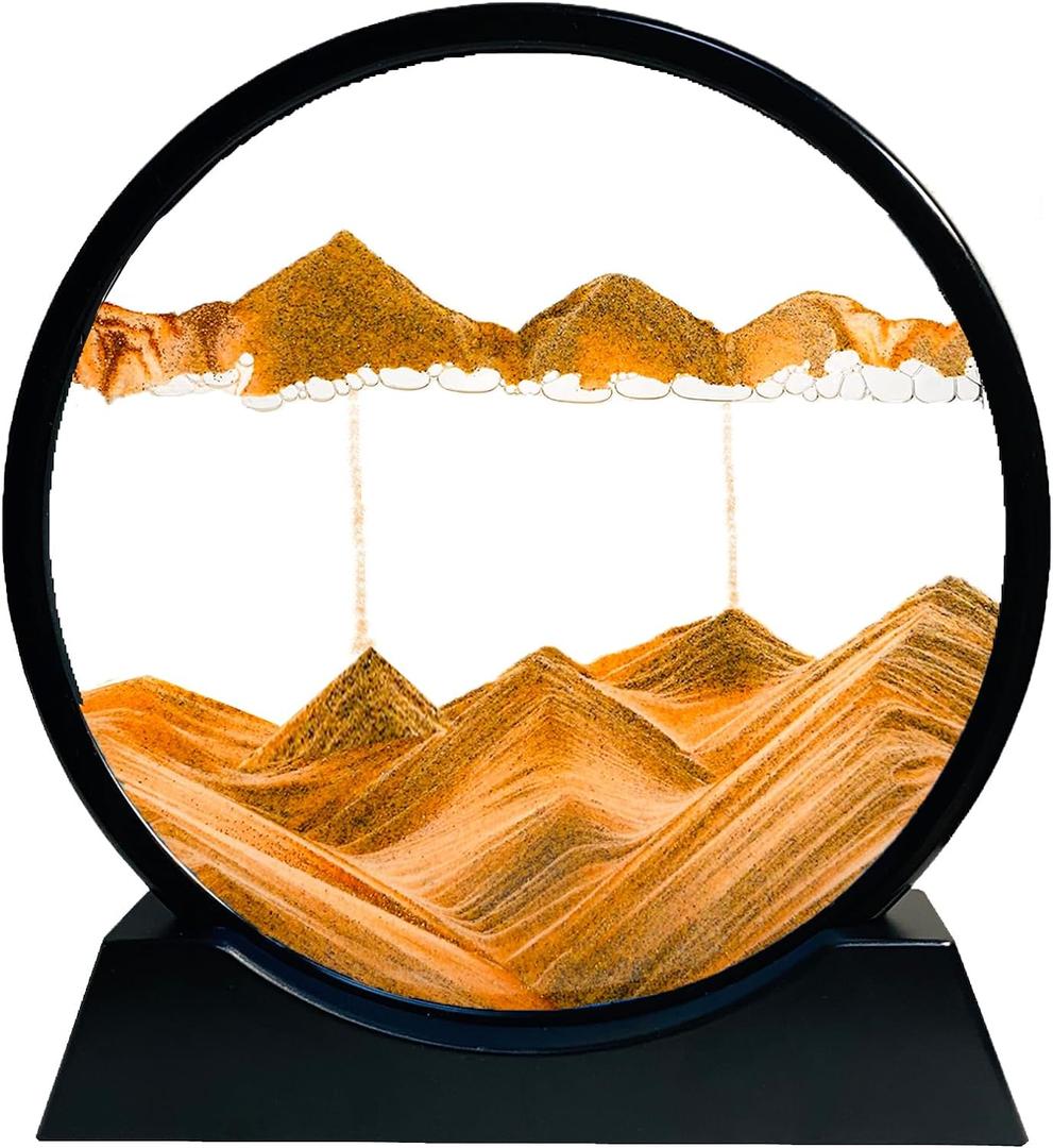 Moving Sand Art Liquid Motion - Moving Sand Art Picture Decor 3D Deep Sea Sandscape, Round Glass Frame Display Flowing Sand Relaxing Toy for Desktop Home Office Work Decoration(Yellow, 7")