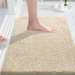 Yimobra Bathroom Rugs Non Slip Washable Ultra Soft Absorbent Microfiber Bath Mat, Dual-Tone Decor Rug with Rubber Backing for Bathroom Floor, Tub and Shower,24x17,Home Essentials,Light Beige & White