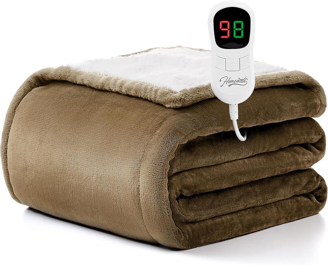 Homemate Electric Heated Blanket Throw - 50"x60" Heating Blanket Throw Size 1/2/4/6/8 Hours Auto-off 10 Heat Level Heat Blanket Over-heat Protection Flannel Sherpa Big Heater Blanket ETL Certification (Beige)