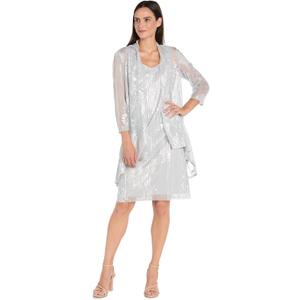 Elegant 2-Piece Foil Print Knee-Length Dress W/Flowing Mesh Jacket - Shimmering Lace Floral Outfit for Special Occasions. (Silver, 6)