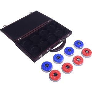 Hathaway Pro-Series Shuffleboard Puck Set – Set of 8 Regulation 2.312-in Pucks with Dimpled Tops, Beveled Edges & Wooden Storage Case – Red/Blue