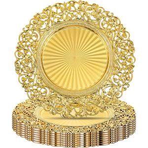 MAQUITA 8 Pcs Antique Gold Charger Plates, 13" Round Plastic Dinner Chargers, Decorative Hollowed Out Flowers Serving Plates for Dinner, Wedding, Table Setting, Elegant Tableware Decor