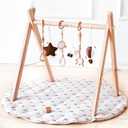 Wooden Baby Play Gym with Mat, Foldable Baby Play Gym Frame Activity Gym Hanging Bar with 6 Gym Baby Toys Rainbow Playmats for Newborn Baby (Natural)