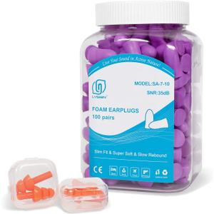 LYSIAN Slim Size Foam Ear Plugs for Small Ear Canals Women, Kids, 100 Pairs, 35dB SNR Noise Canceling Earplugs for Sleeping, Work and Study (Purple)