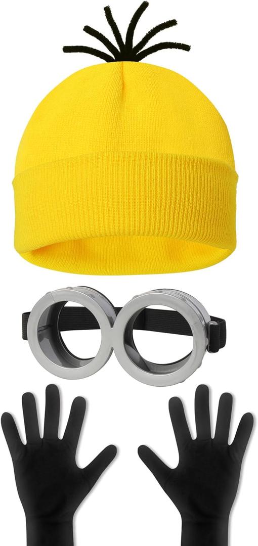 3 Pcs Halloween Costume Accessories Adult, Goggles Glasses/Yellow Beanie/Gloves for Men Women Cosplay Party Set