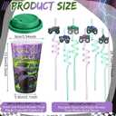 Yungyan 16 Sets Green Purple Monster Truck Party Favors Goodie Cups with Lids and Straws for Halloween Party Decorations Reusable 16oz Plastic Candy Cups Plastic Straws for Birthday Gift(Truck)