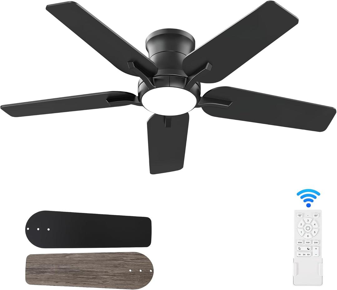 POCHFAN 42 Inch Black Ceiling Fans with Lights and Remote, Flush Mount Low Profile Ceiling Fan for Bedroom, Living Room, Patio, Dimmable 6 Speeds Noiseless Reversible, ETL Listed
