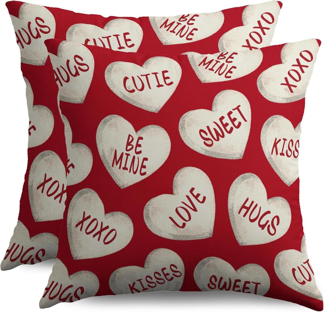 Red Valentines Pillow Covers 18x18 Inch Set of 2 Cream Love Heart Sweet Valentine's Day Holiday Decorative Throw Pillowcases Anniversary Outdoor Farmhouse Cushion Cases Decor for Sofa Couch Bed