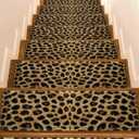 Leopard Print Stair Treads for Wooden Steps Indoor Runner Rug Carpet, Brown Yellow Retro Animal Fur Pattern 4 Pieces Peel and Stick Staircase Step Treads Covers Washable Throw Door Mats, 30"x8"