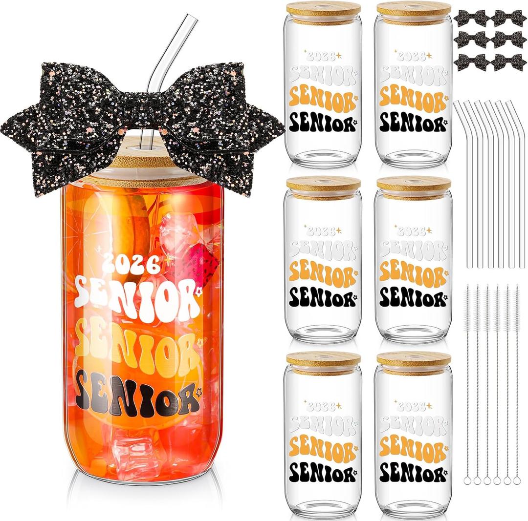 Hushee 6 Set Class of 2026 Senior Night Gifts 16 oz Glass Water Bottle with Lids Straws Glitter Bow Straw Topper Senior 2026 Tumbler Graduation Gift for Her Women Team Coach Player(Black)