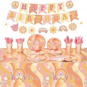 Geyee 173 Pcs Groovy Party Supplies Serves 24, Include Boho Hippie Tablecloth Groovy Birthday Banner Hippie Daisy Paper Plates Napkins Tableware Set for Retro Boho Rainbow Birthday Party Decorations