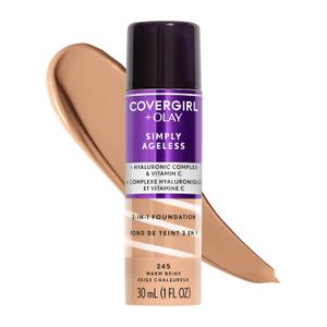 COVERGIRL & Olay Simply Ageless 3-in-1 Liquid Foundation, Matte Finish, Hyaluronic & Vitamin C Formula, 245 Warm Beige, 1 Count