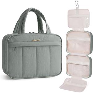 Narwey Hanging Travel Toiletry Bag for Women, Quilted Makeup Bag Organizer with Handle, Travel Bathroom Bag, Portable Toiletries Bag for Essentials, Accessories, Brushes, Cosmetics (Sage Green)
