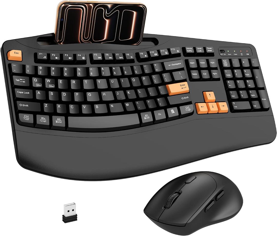 Wireless Keyboard and Mouse Combo, 2.4G Full Size Wave Keys Ergonomic Keyboard with Wrist Rest, Phone Holder, 3-Level DPI Wireless Silent Mouse with 6-Buttons, for Windows, Mac OS (Orange Black)