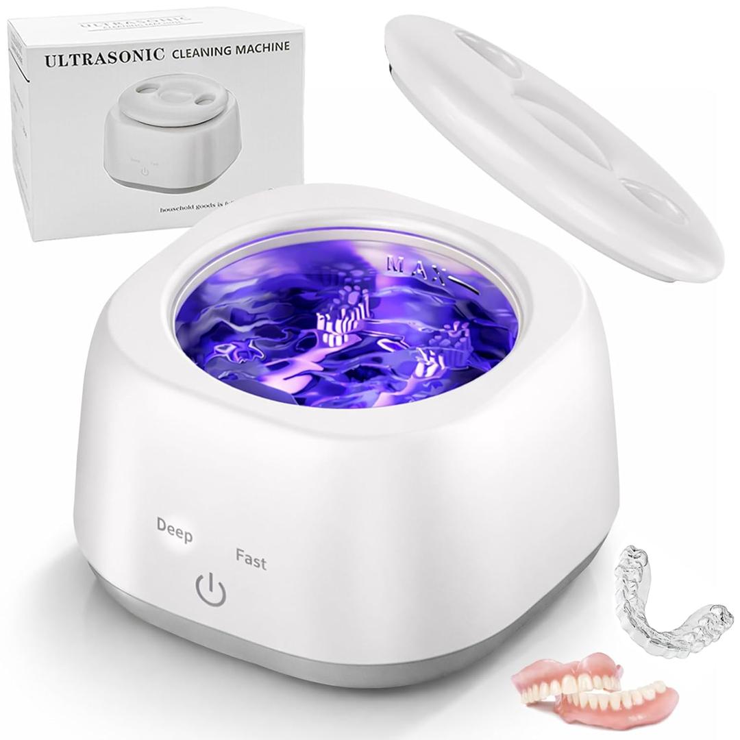 Ultrasonic Retainer Cleaner Machine 48kHz Denture Cleaning Pod, 280ML Dental Deep Cleaning Pod for Dentures, Aligners, Invisalign, Mouth Guards, Night Guards, Jewelry, Toothbrush (White)