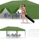 GarveeLife 10x20 Pop Up Canopy with 6 Sidewalls, Beach Ten with One Push Setup, Heavy Duty Outdoor Instant Canopy Tent with Portable Roller Bag, Silver Coated Top, 3 Adjustable Height, Sandbags,Green