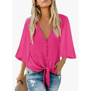 Kancystore Womens Button Down V Neck Tie Knot Front Tops 3/4 Sleeve Chiffon Casual Blouse Shirts XL