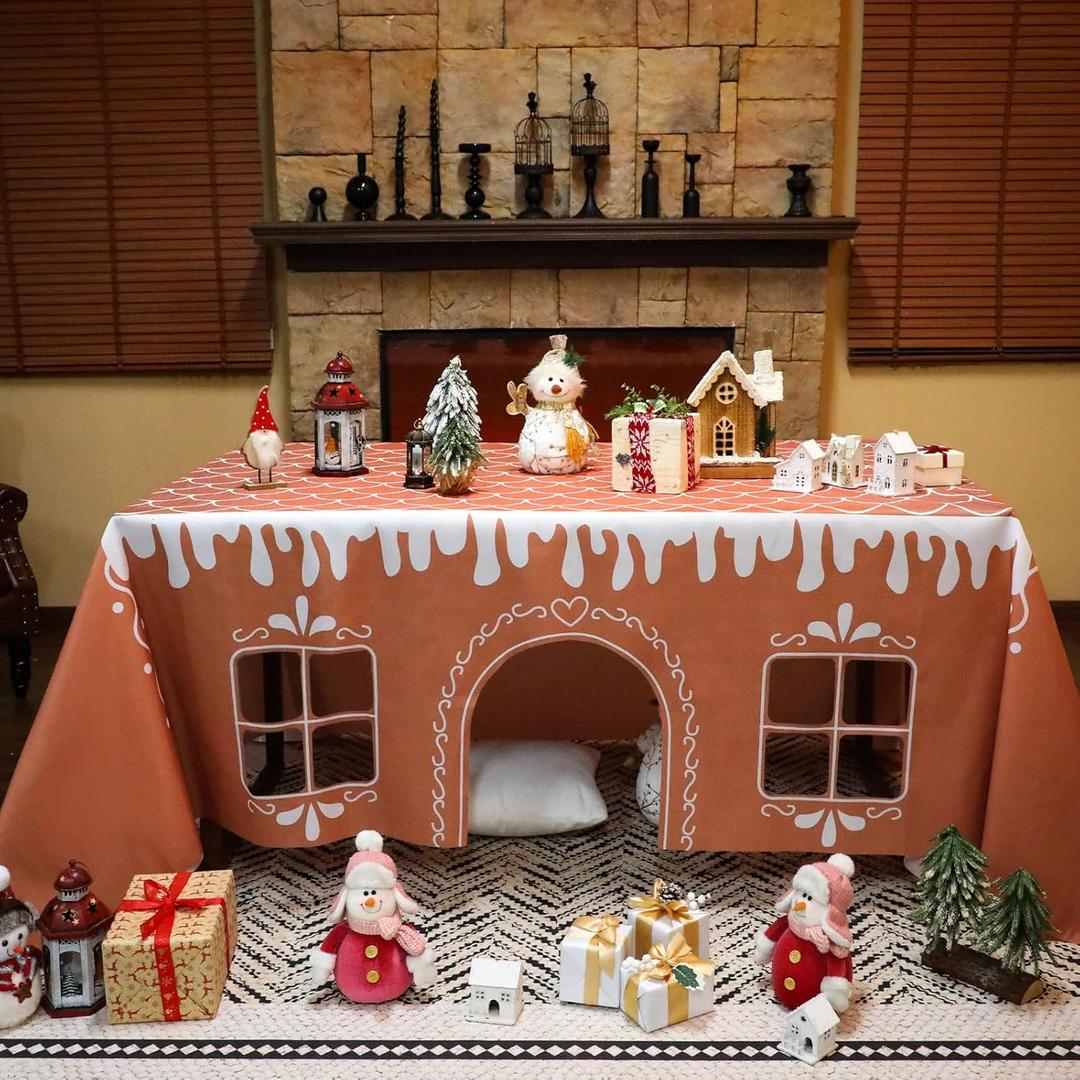 Breling Christmas Gingerbread Playhouse 11.2 x 7.8 ft Large Tablecloth for Kids Table Tent Indoor & Outdoor Table Cover Playhouse for Xmas Family Gathering Winter Holiday Birthday Party Supplies