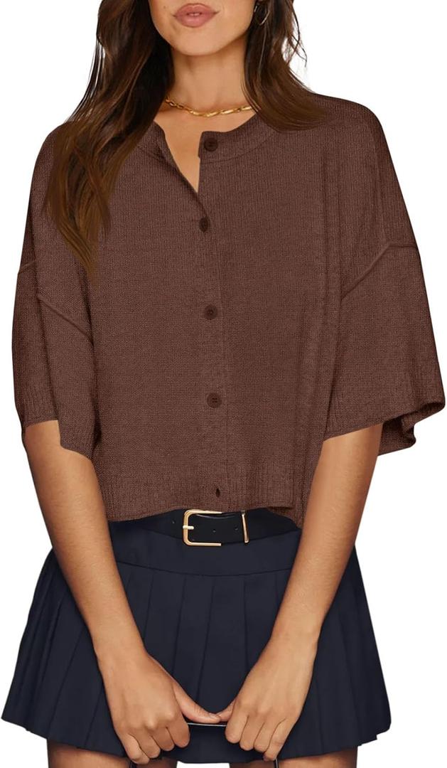 Cicy Bell Womens Half Sleeve Cardigan Sweaters Cropped Button Down Tops Oversized Lightweight Ribbed Knit Summer Outfits (Medium, Coffee)