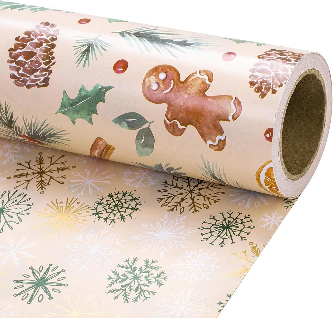RUSPEPA Reversible Wrapping Paper Roll - Mini Roll - Christmas Gingerbread and Snowflake Pattern Great for Christmas, Party, Holiday - 17.5 Inches X 32.8 Feet