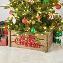 Glitzhome 24" L Wooden Crate Tree Collar, Natural Wooden Merry Christmas Christmas Tree Base Cover Farmhouse Christmas Tree Collar Decorative Christmas Tree Skirt Collar