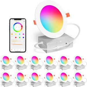 SikSog Smart Recessed Lighting 4 Inch RGBCW Color Changing 12W LED Downlight with Junction Box,1080 Lumen Recessed Ceiling Light Compatible with Alexa,Dimmable by Bluetooth Control -12Pack (12pack White shell-RGB&5CCT)
