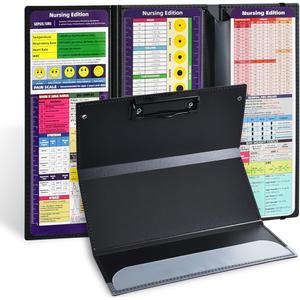 Vuzvuv Nursing Clipboard Foldable,Black Nurse Pocket Clipboard 3 Layers with Nursing Medical Edition Cheat Sheets, Foldable Nurse Clip Boards Notepad for Students, Nurses, Doctors and Medical Staff