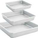 Deep Baking Pans Set of 3, Rectangle Cake Pan Nonstick, Heavy Duty Thick Bakeware Lasagna Pan for Toaster Oven, 9/11/13 Inch Tray for Brownie (Silver)