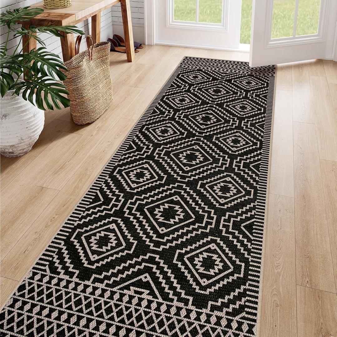 Lahome Bijou Moroccan Easy Jute Runner Rug, 2x8 Washable Hallway Kitchen Runner Black Outdoor Rug with Rubber Backing, Farmhouse Indoor Outdoor Carpet for Hallway 8ft Entryway Porch