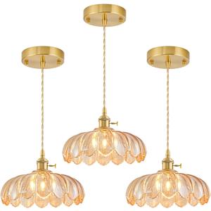 3 Pack Glass Pendant Lights Kitchen Island, Vintage Brass Pendant Light Fixtures, Adjustable Amber Kitchen Pendant Lighting Over Island for Bedroom Living Room Hallway Dining Room, Medium