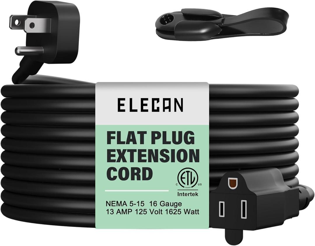 Elecan 45 Angle Flat Plug Power Extension Cord 20 Ft, Seamless One-Piece Molded Low Profile 3 Prong 16 AWG Grounded Wire Electric Cable for Home Office Appliance,13A 125V 1625W,SVT-ETL with Organizer