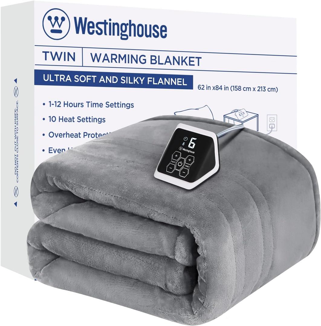 Westinghouse Heated Twin Blanket - Electric With 10 Heating Levels, 1-12 Hours Auto Shut Off, Fast Warming, Machine Washable (62x84 Inches, Light Grey)