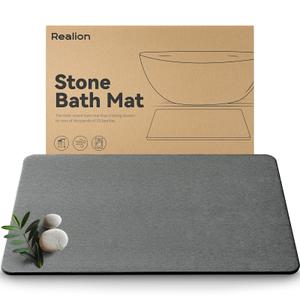 Realion Stone Bath Mat, Dries Quickly, Non-Slip Diatomaceous Earth Bath Mats for Bathroom, Super Absorbent Stone Shower Mat, Easy to Clean, 23.5" x 15.5" Light Gray