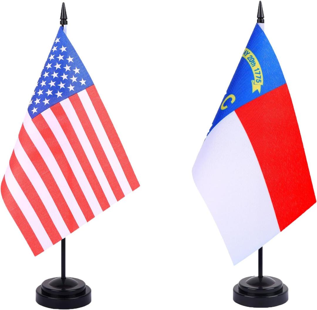 WXTWK 2 Pack USA North Carolina Flag North Carolina State Desk Flag Set - Mini Small North Carolina Table Office Flags with Black 12" Solid Pole Stand Base Classroom Meeting Desktop Decorations