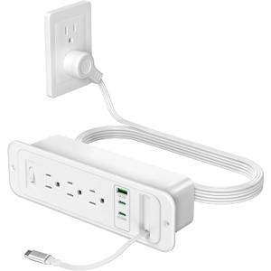 Recessed Power Strip with Retractable USB C Cable,2 PD 20W USB C,Flush Mount Countertop Drawer Outlet, Furniture Hidden Outlet for Side Table,End Table,3 Outlets (White, 6FT-20W USB)